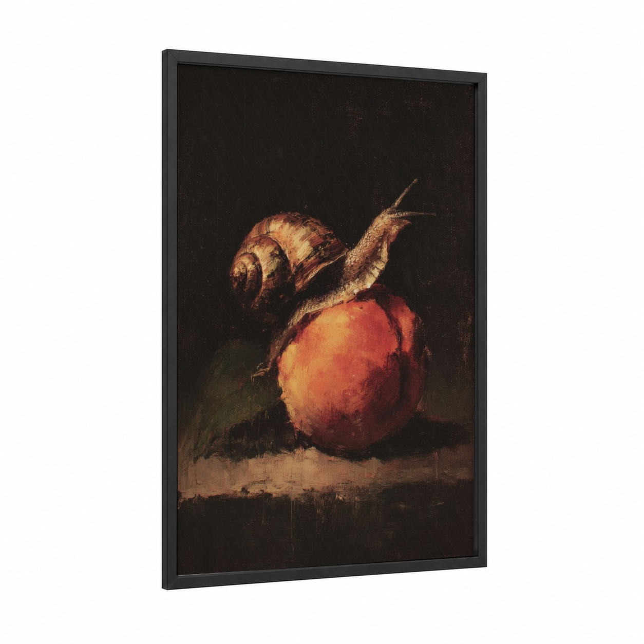 Crimson Apple Snail framed art print — black wood frame — red and gold palette