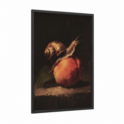 Crimson Apple Snail framed art print — black wood frame — red and gold palette