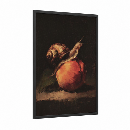 Crimson Apple Snail framed art print — black wood frame — red and gold palette