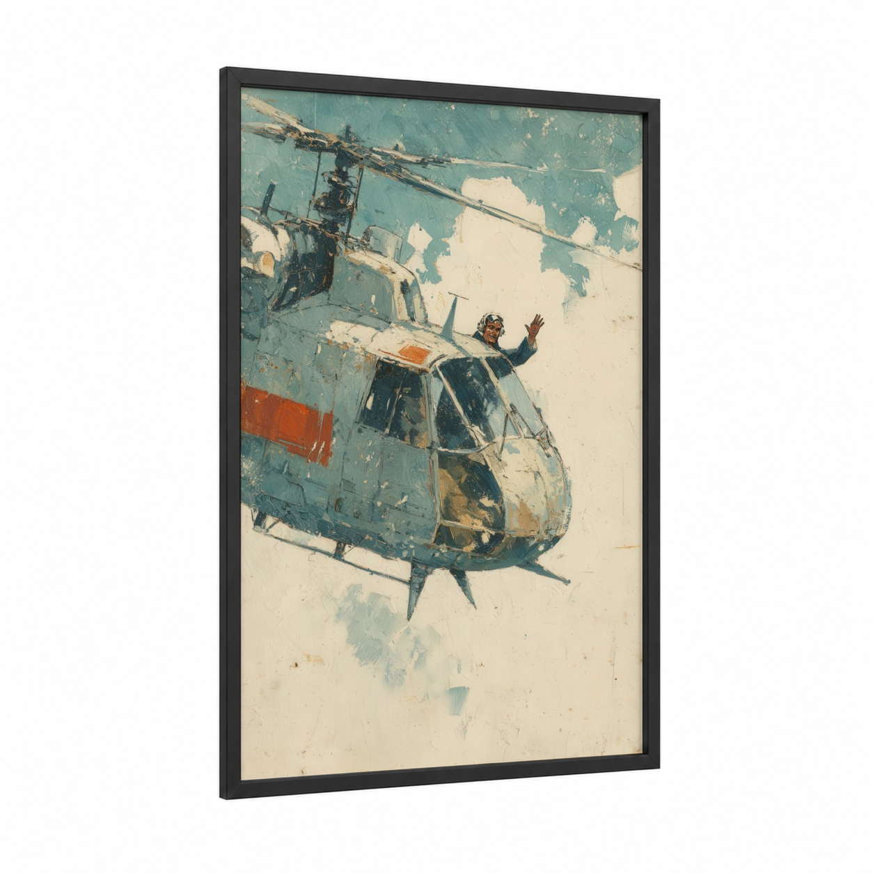 Vintage Helicopter Escape framed art print — black wood frame — teal and cream palette