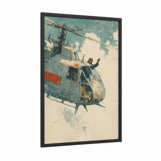 Vintage Helicopter Escape framed art print — black wood frame — teal and cream palette