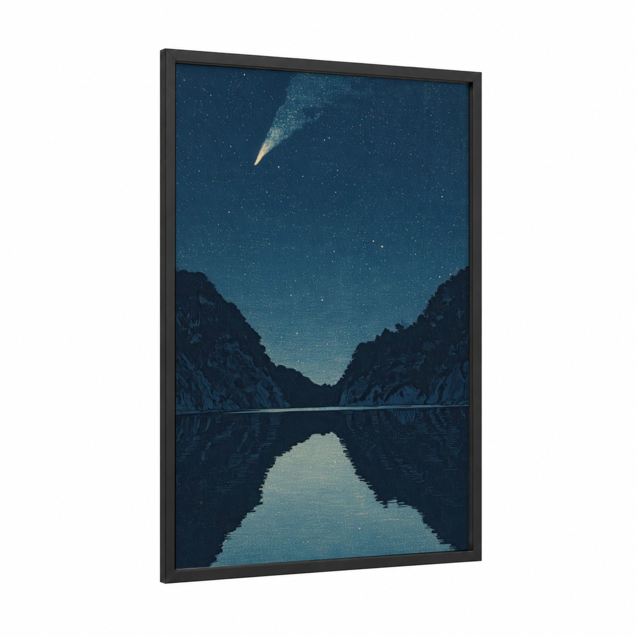 Comet Canyon framed astroids and comets print — black wood frame — dark blue and gold palette