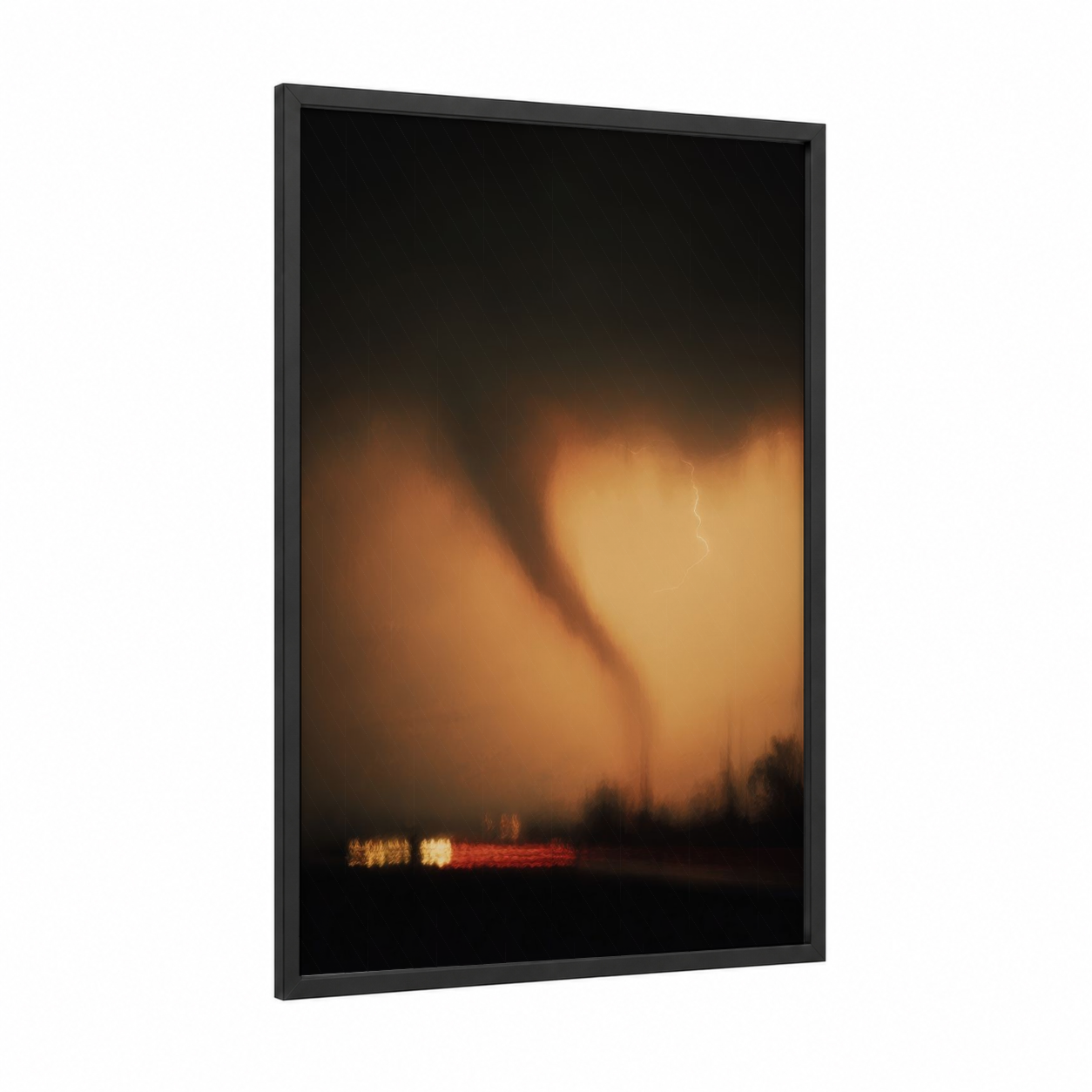 Stormy Tornado framed art print — black wood frame — orange and black and white palette
