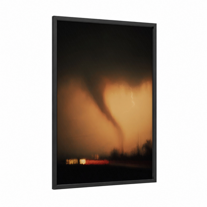 Stormy Tornado framed art print — black wood frame — orange and black and white palette