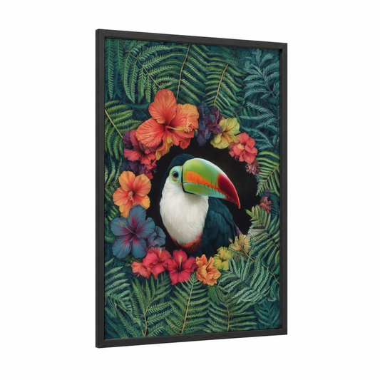 Tropical Toucan framed art print — black wood frame — green and orange palette