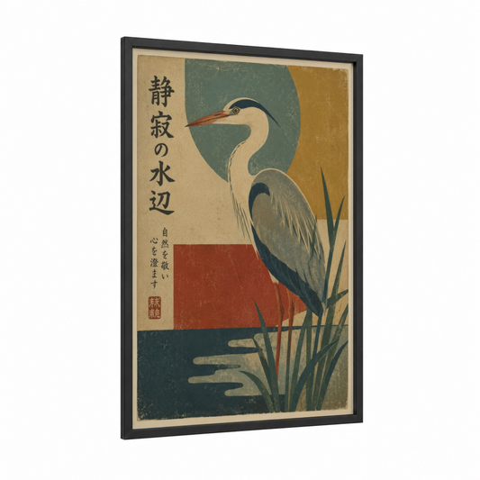 Japanese Heron Waterside Wall Art framed art print — black wood frame — teal and beige palette