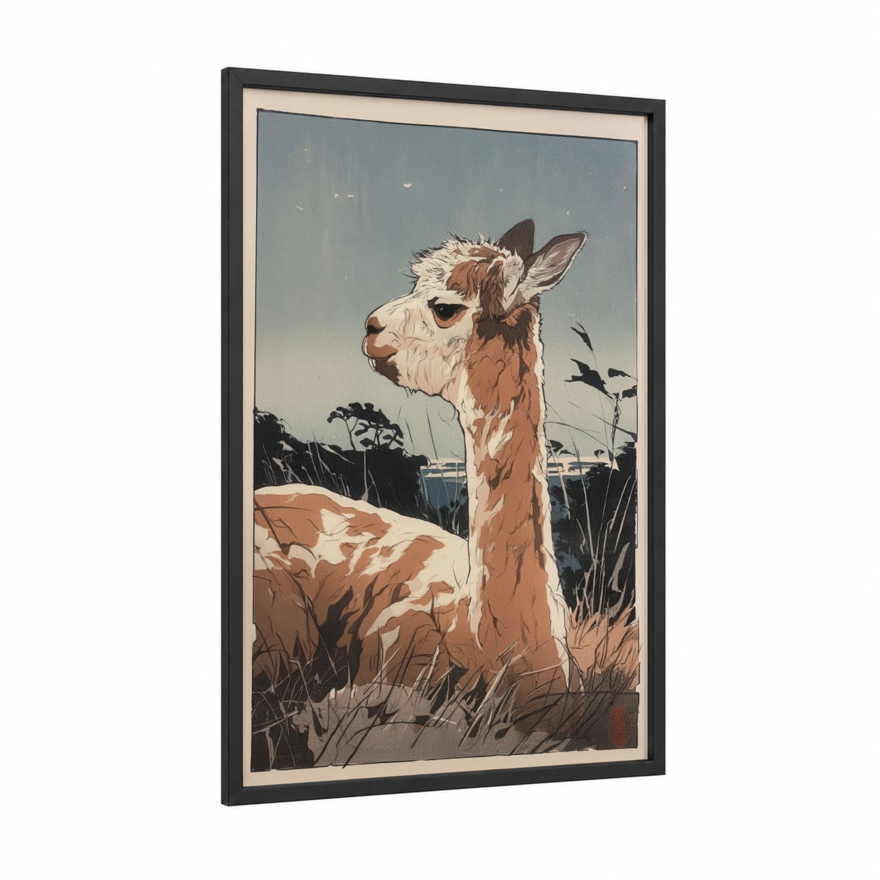 Majestic Alpaca framed art print — black wood frame — cream and russet palette
