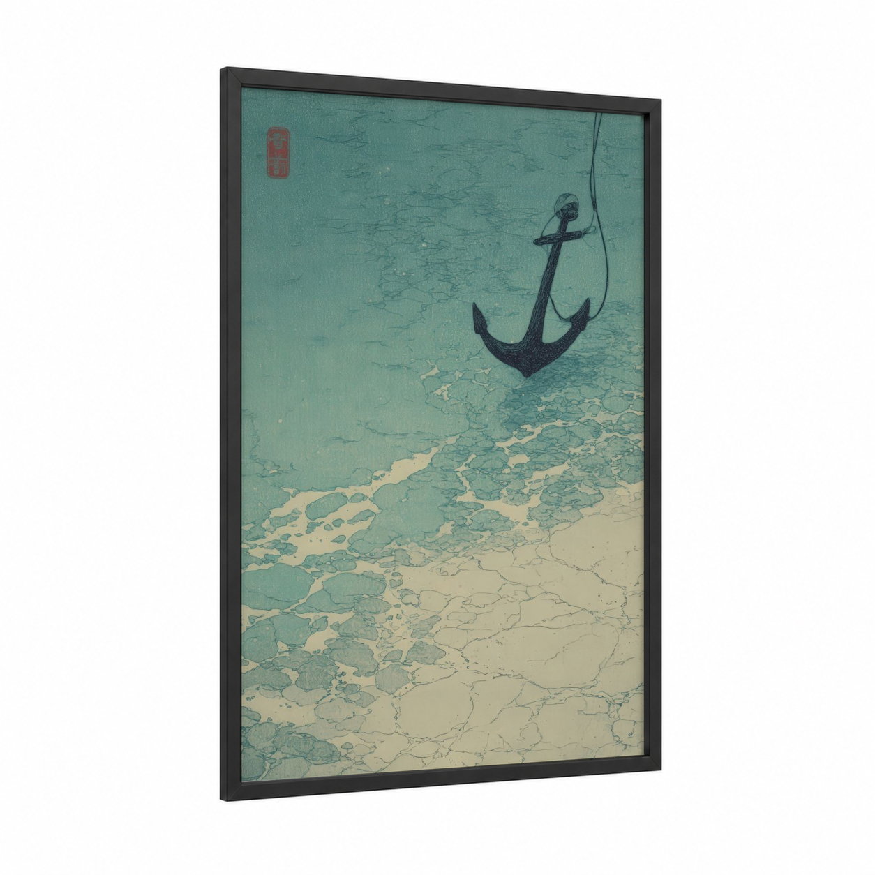 Vintage Anchor framed art print — black wood frame — teal and cream palette