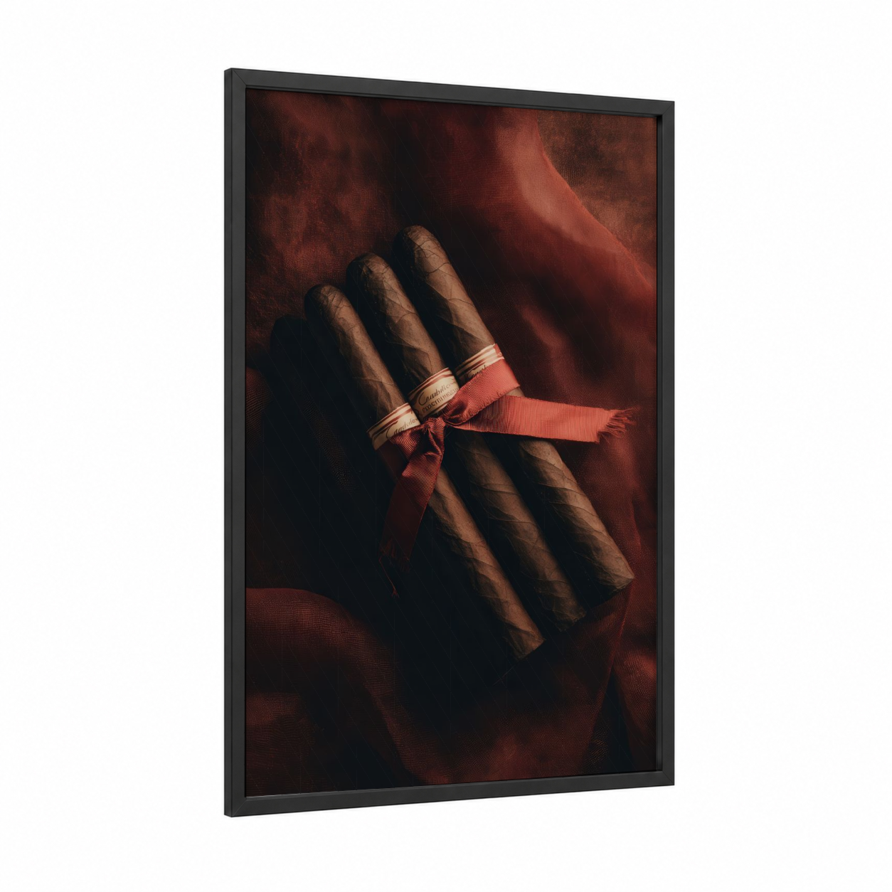 Luxury Cigar Trio framed cigars print — black wood frame — maroon and gold palette