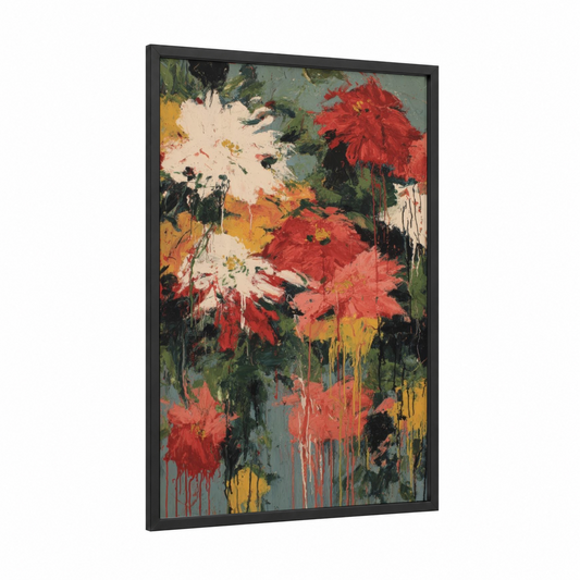 Crimson Poinsettia Burst framed poinsettias print — black wood frame — red and gold palette
