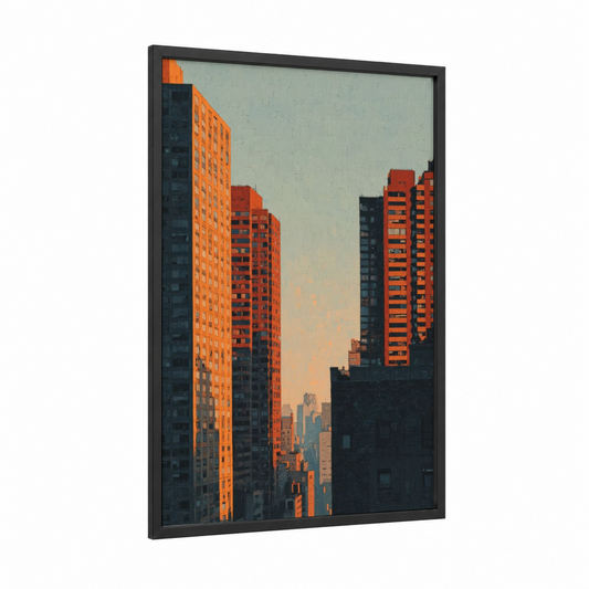 Urban Sunset Glow framed art print — black wood frame — orange and gray palette