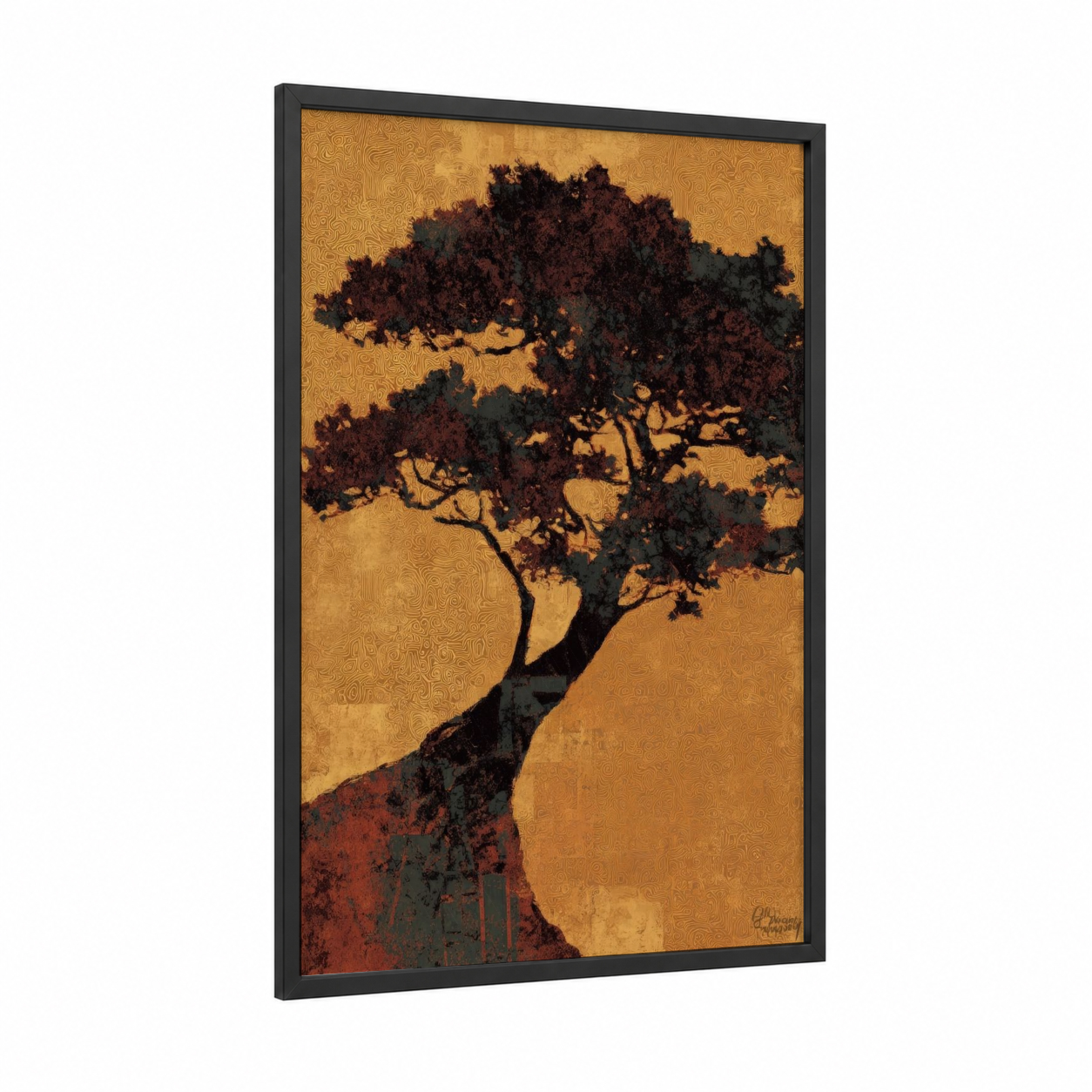 Golden Juniper framed juniper tree print — black wood frame — gold and black palette