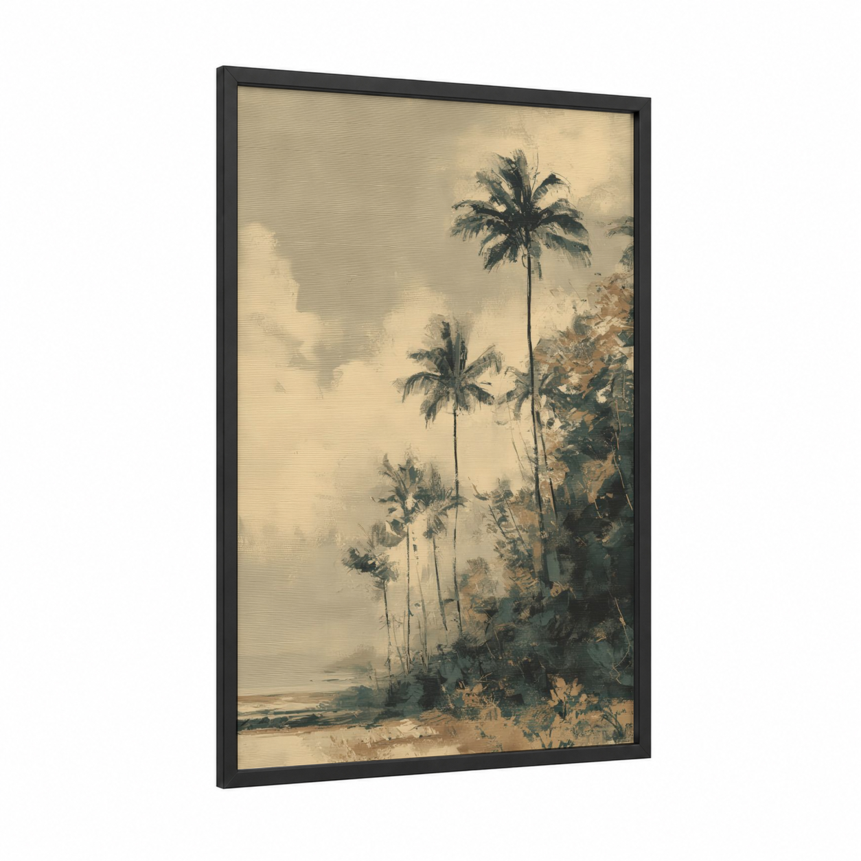 Coastal Palm Grove framed palm forest print — black wood frame — champagne gold and cream palette