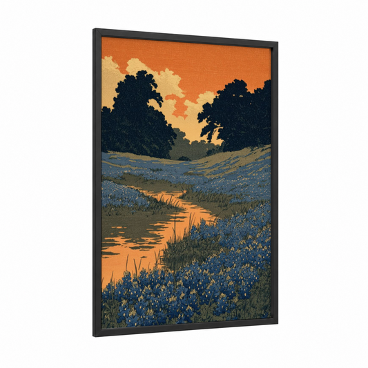 Golden Hour Meadow framed flower field print — black wood frame — orange and blue palette