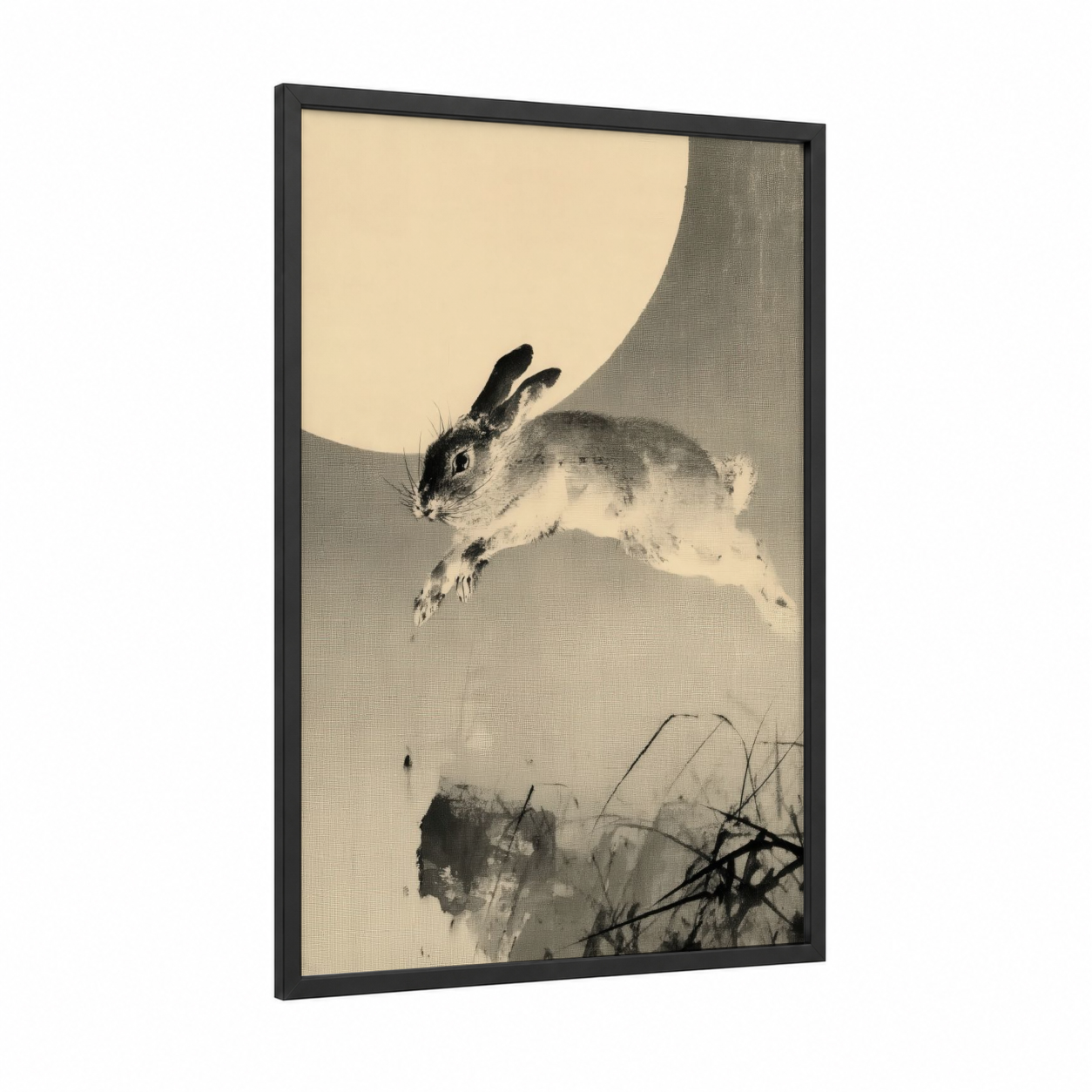 Leaping Rabbit framed art print — black wood frame — black and white and cream palette