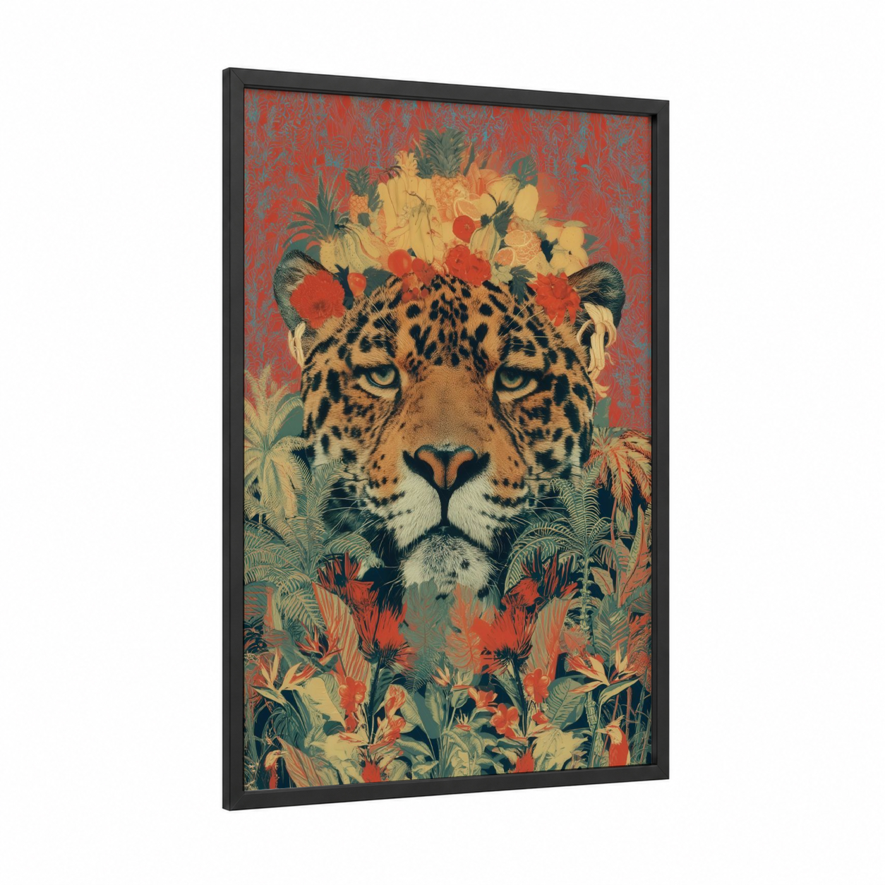 Floral Jaguar framed art print — black wood frame — red and gold palette