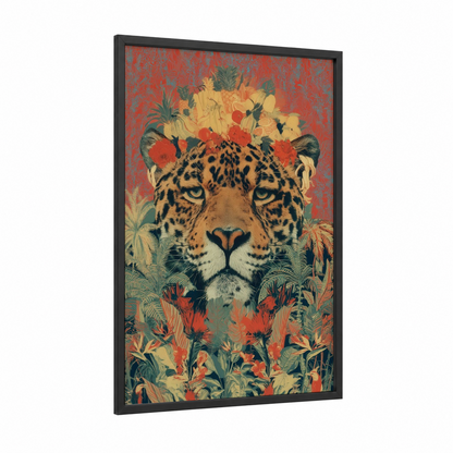 Floral Jaguar framed art print — black wood frame — red and gold palette