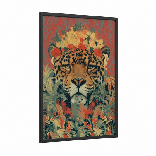 Floral Jaguar framed art print — black wood frame — red and gold palette