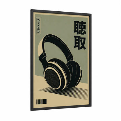 Vintage Japanese Headphones Wall Art framed art print — black wood frame — black and beige palette