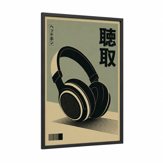 Vintage Japanese Headphones Wall Art framed art print — black wood frame — black and beige palette