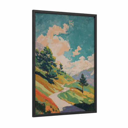 Alpine Valley Path framed alps print — black wood frame — peach and teal palette