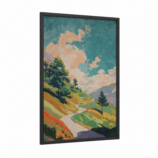 Alpine Valley Path framed alps print — black wood frame — peach and teal palette