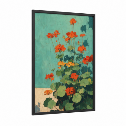 Vibrant Geranium Garden framed art print — black wood frame — orange and turquoise palette