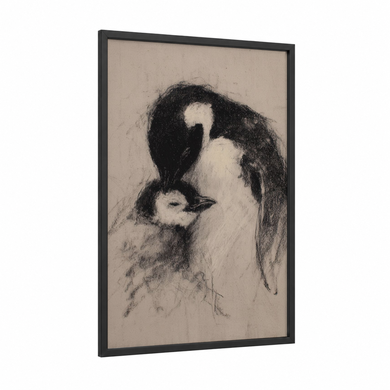 Tender Penguin Embrace framed art print — black wood frame — black and white and cream palette
