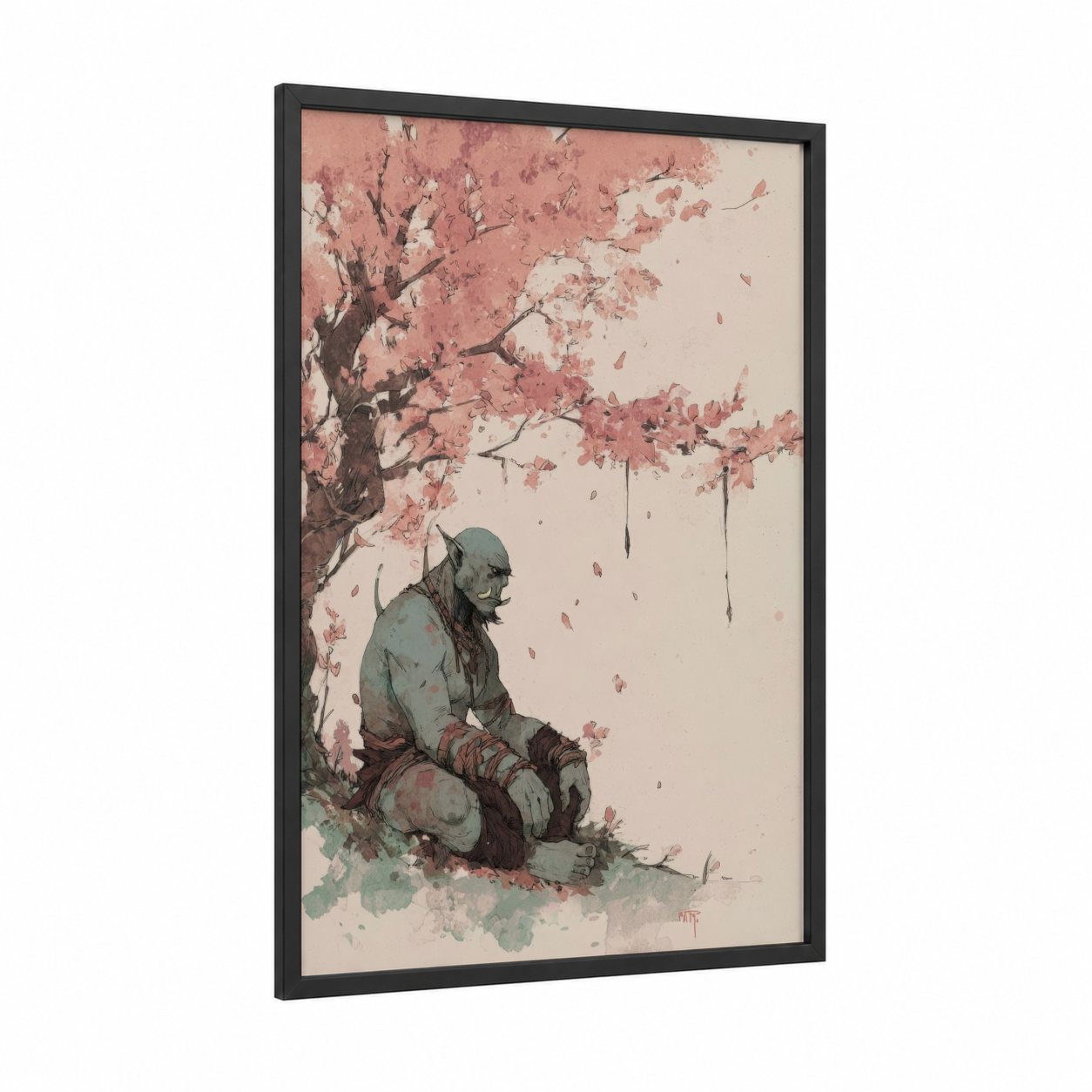 Contemplative Orc framed art print — black wood frame — peach and sage green palette