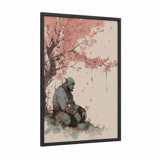 Contemplative Orc framed art print — black wood frame — peach and sage green palette