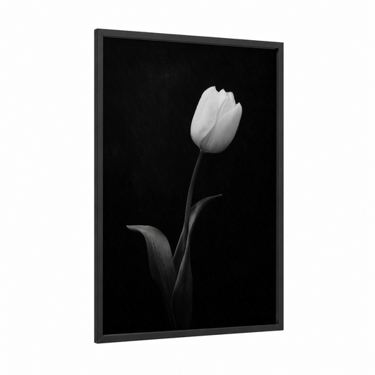 Monochrome Tulip framed art print — black wood frame — black and white and gray palette