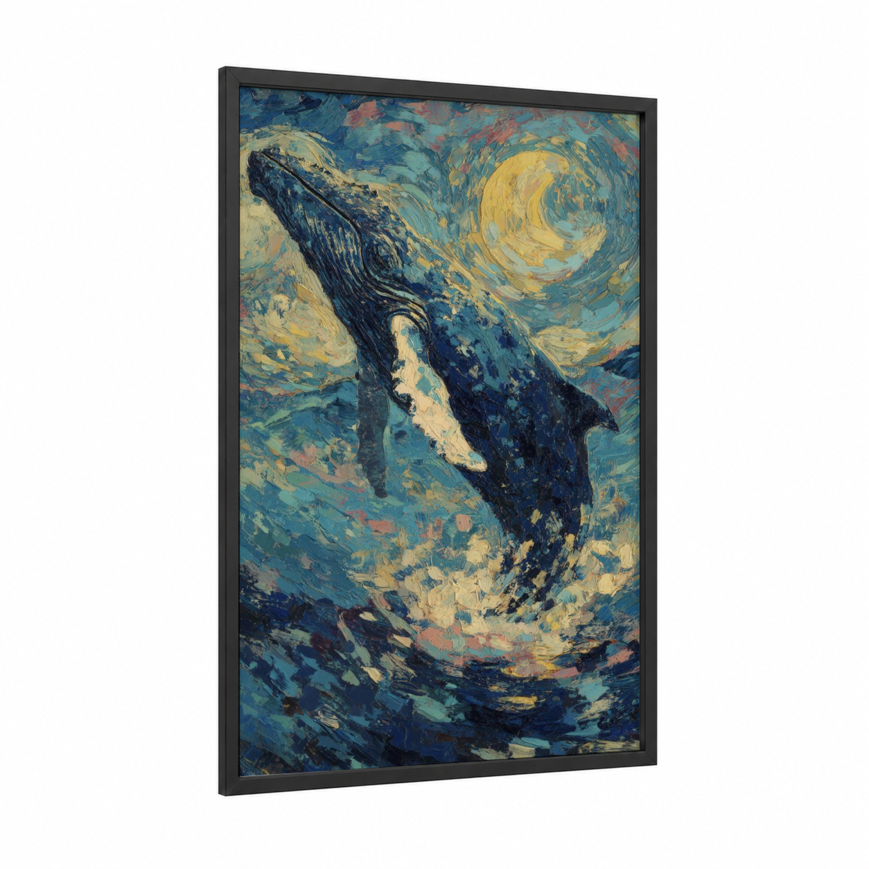 Starry Whale framed sperm whale print — black wood frame — blue and gold palette