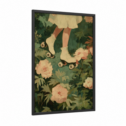 Garden Roller Skates framed roller skating print — black wood frame — green and peach palette