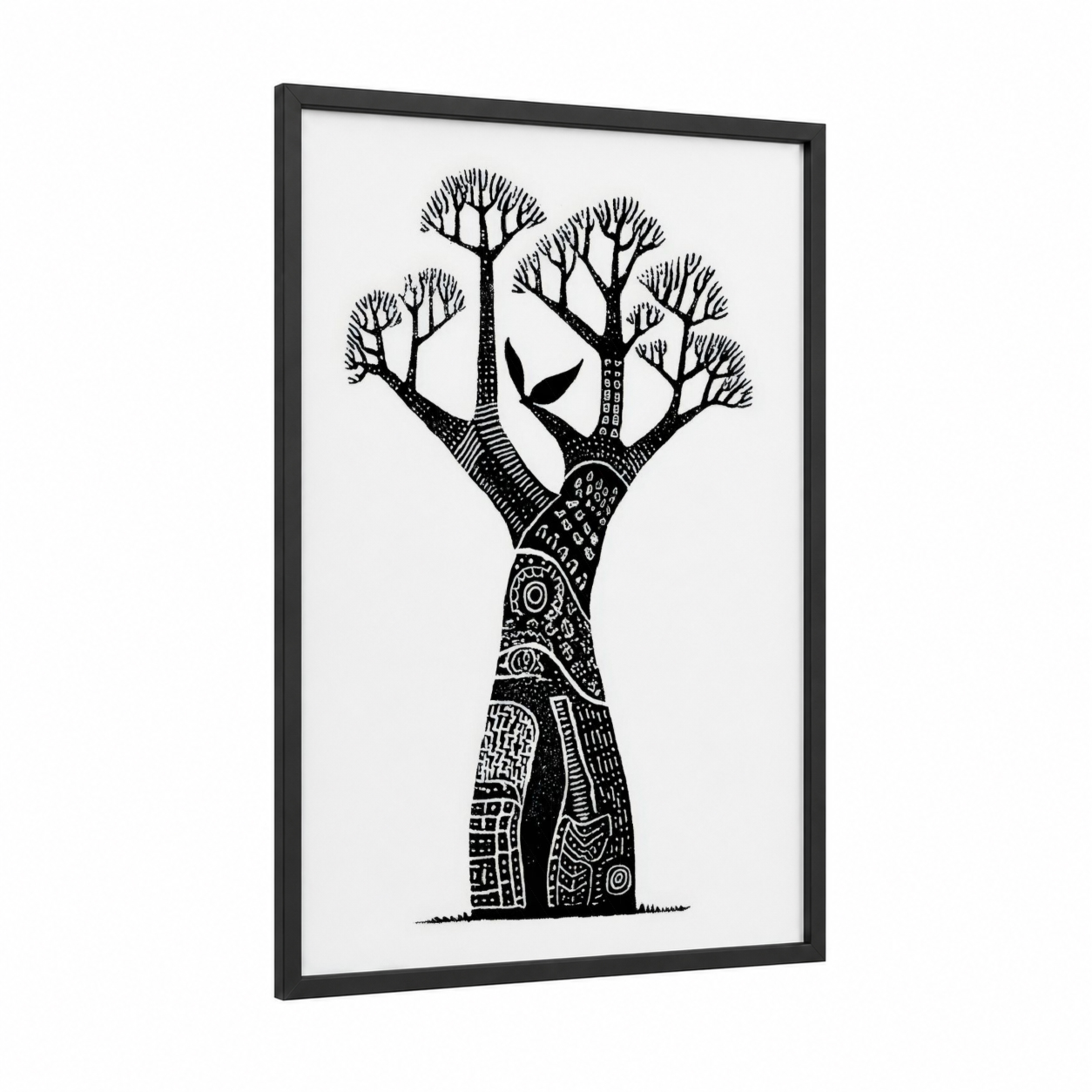 Geometric Baobab framed baobab tree print — black wood frame — black and white palette