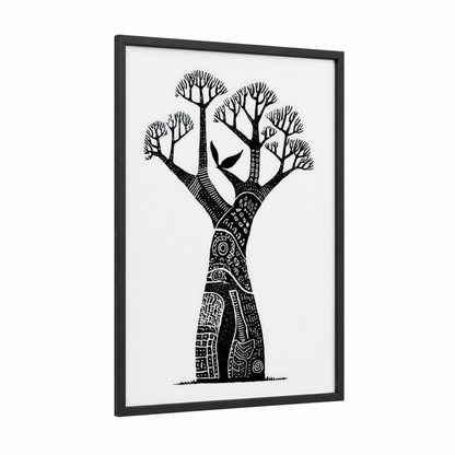 Geometric Baobab framed baobab tree print — black wood frame — black and white palette