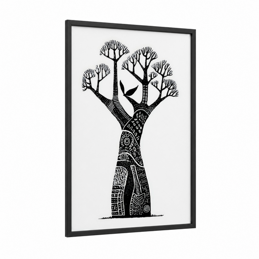 Geometric Baobab framed baobab tree print — black wood frame — black and white palette