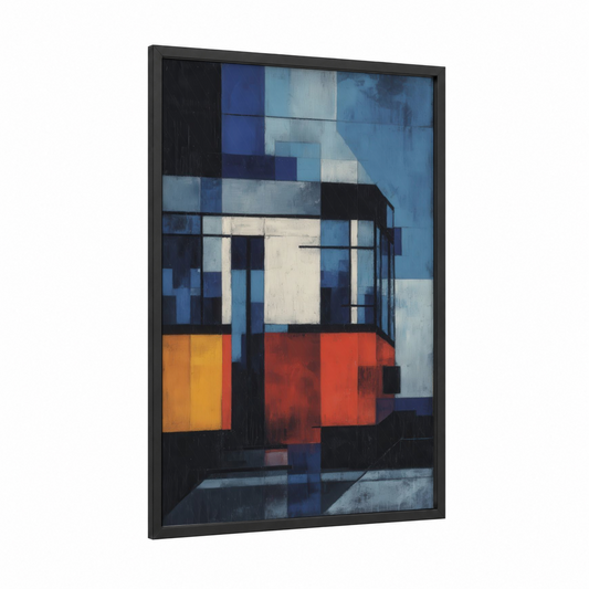 Urban Transit Abstract framed bus print — black wood frame — blue and red palette