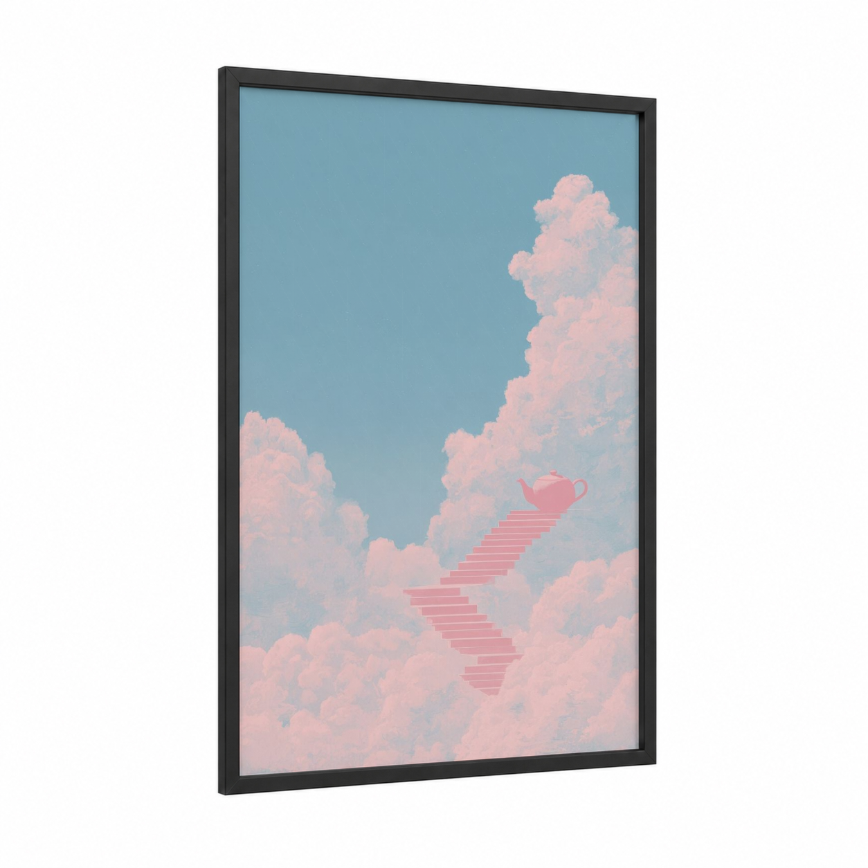 Celestial Staircase framed art print — black wood frame — pink and blue and white palette