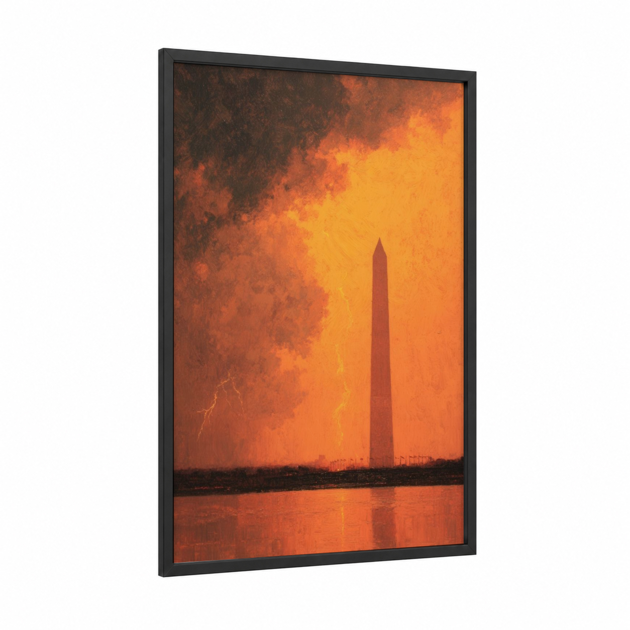 Crimson Monument Sunset framed washington monument print — black wood frame — orange and black palette