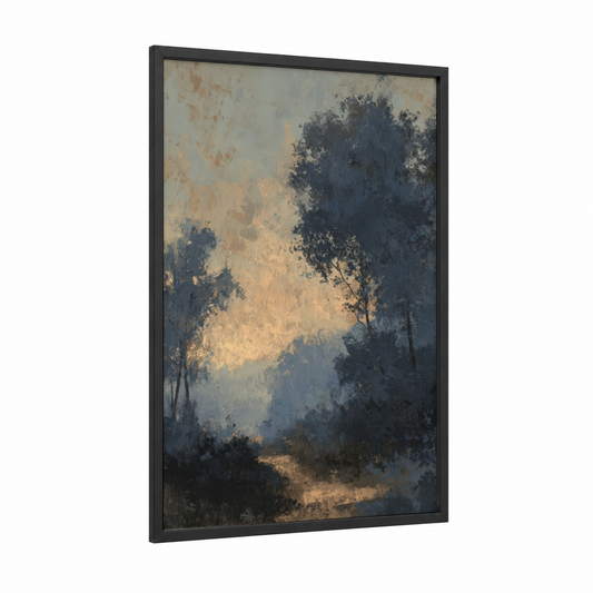 Golden Oak Forest framed art print — black wood frame — gold and gray palette