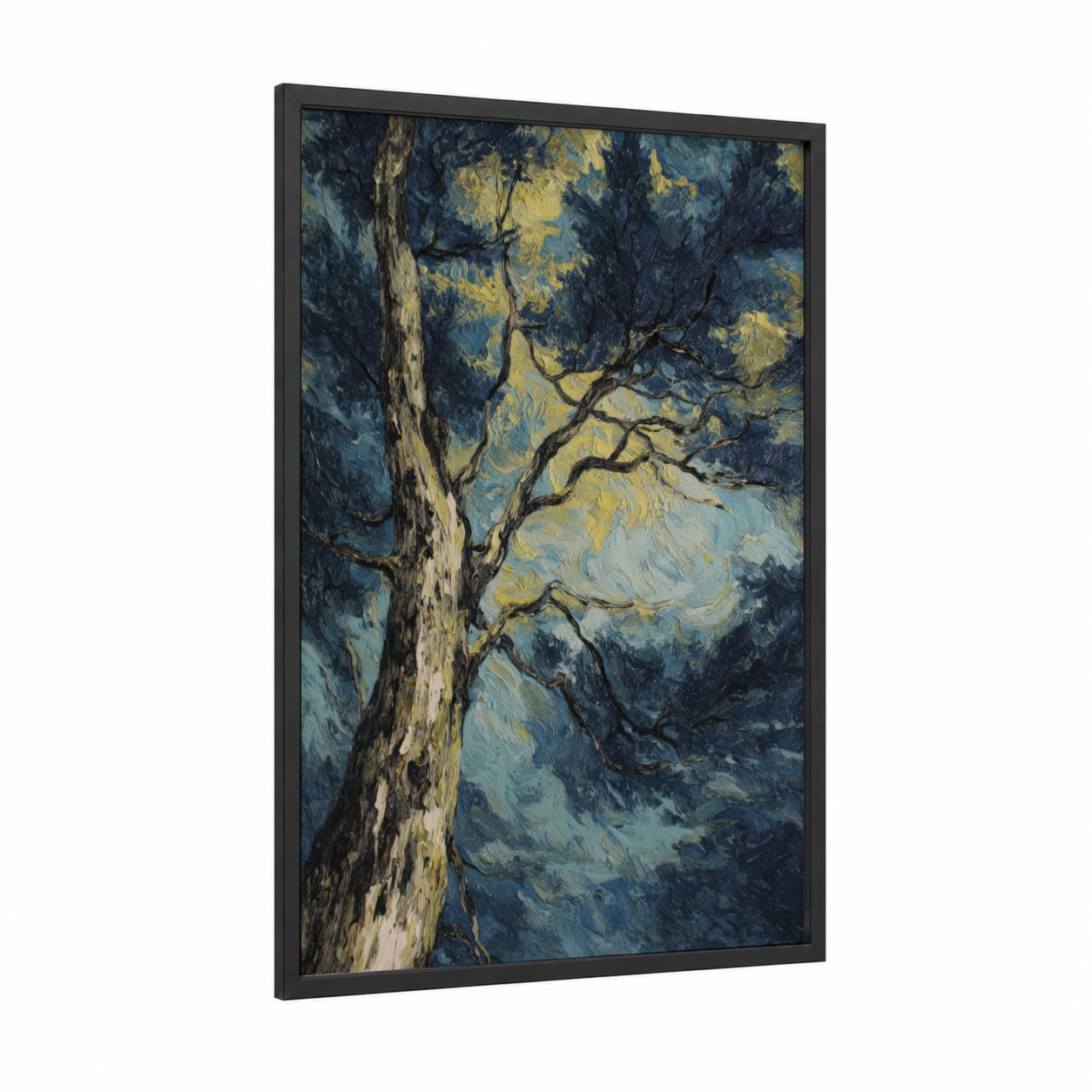 Twilight Kauri framed kauri tree print — black wood frame — blue and gold palette