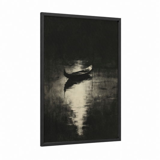 Moonlit Gondola framed art print — black wood frame — black and white palette