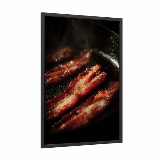 Crispy Bacon Strips framed meat print — black wood frame — red and gold palette