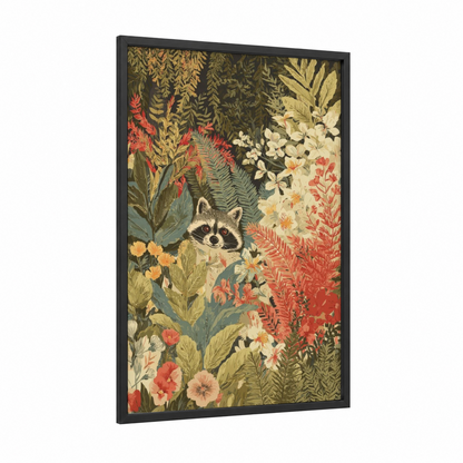 Garden Raccoon framed art print — black wood frame — sage green and salmon pink palette