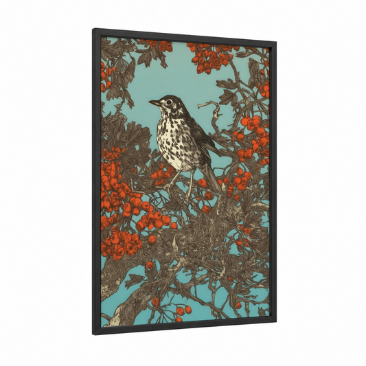 Spotted Thrush framed art print — black wood frame — orange and teal palette