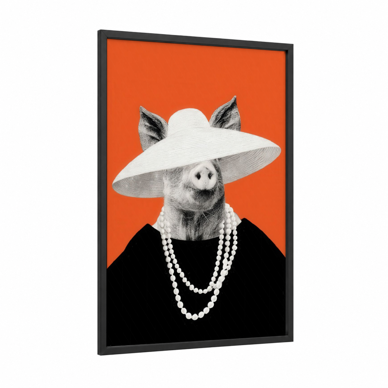 Glamorous Pig framed art print — black wood frame — orange and black and white palette