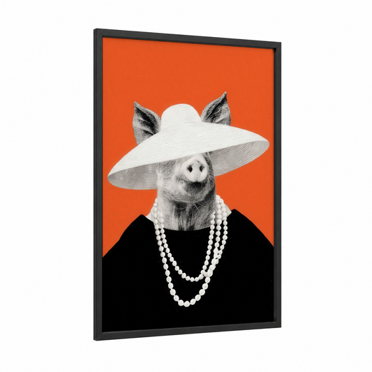 Glamorous Pig framed art print — black wood frame — orange and black and white palette