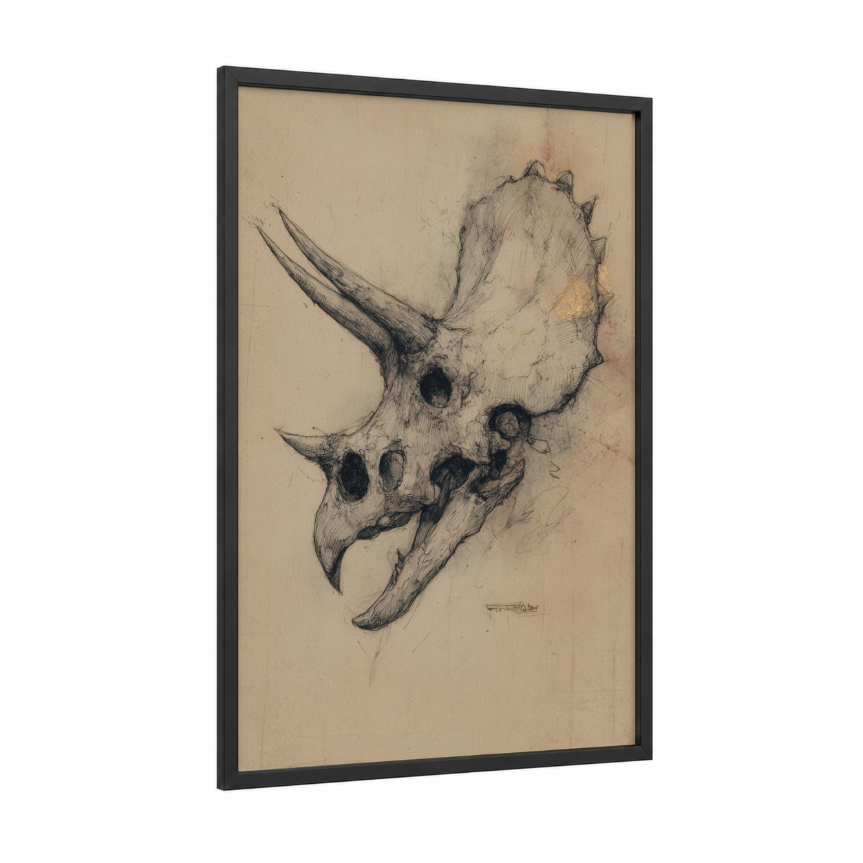 Triceratops Skull Study framed dinosaur print — black wood frame — beige and black palette