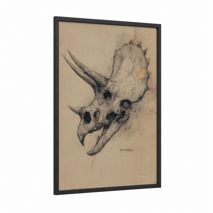 Triceratops Skull Study framed dinosaur print — black wood frame — beige and black palette
