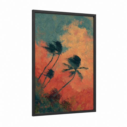 Windswept Storm framed art print — black wood frame — red and teal palette